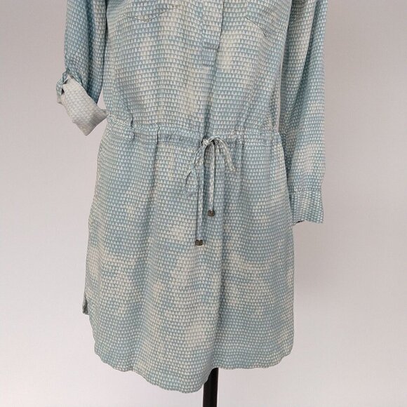 Lou & Grey Blue Geometric Print Drawstring Waist Dress Size S Roll Tab Sleeves - Picture 4 of 10
